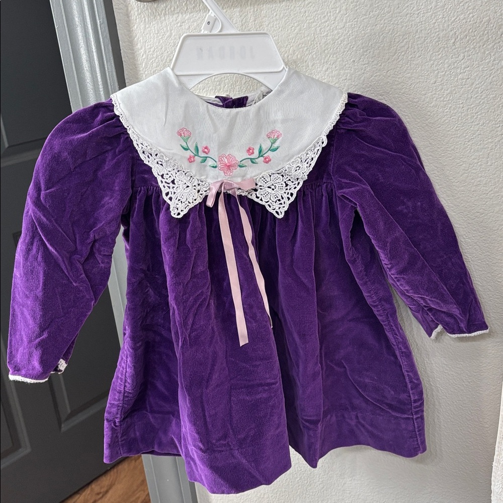 Vintage Purple Velvet Baby Dress with Floral Collar 18 month